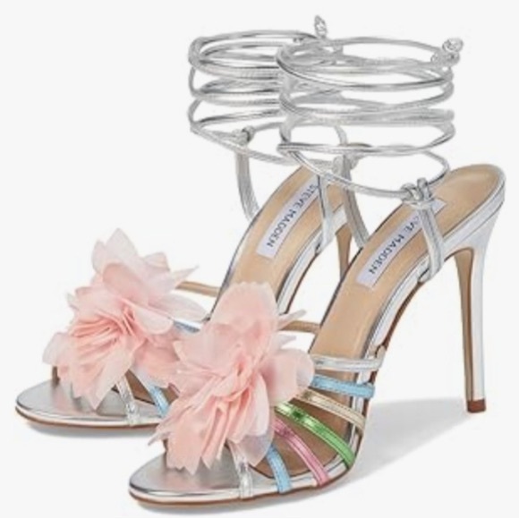 STEVE MADDEN NWT Jolisa Metallic Flower Ankle Wrap Dress Sandals - Picture 1 of 11